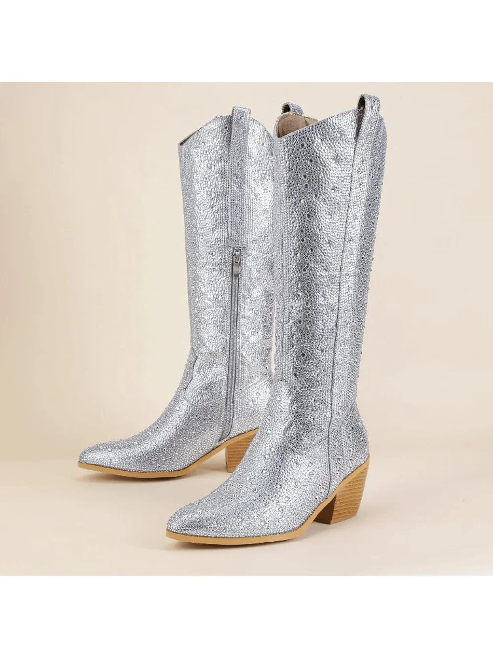 Women's Silver Pointed Toe Sparkly Glitter Chunky Heel Over The Knee High Boots